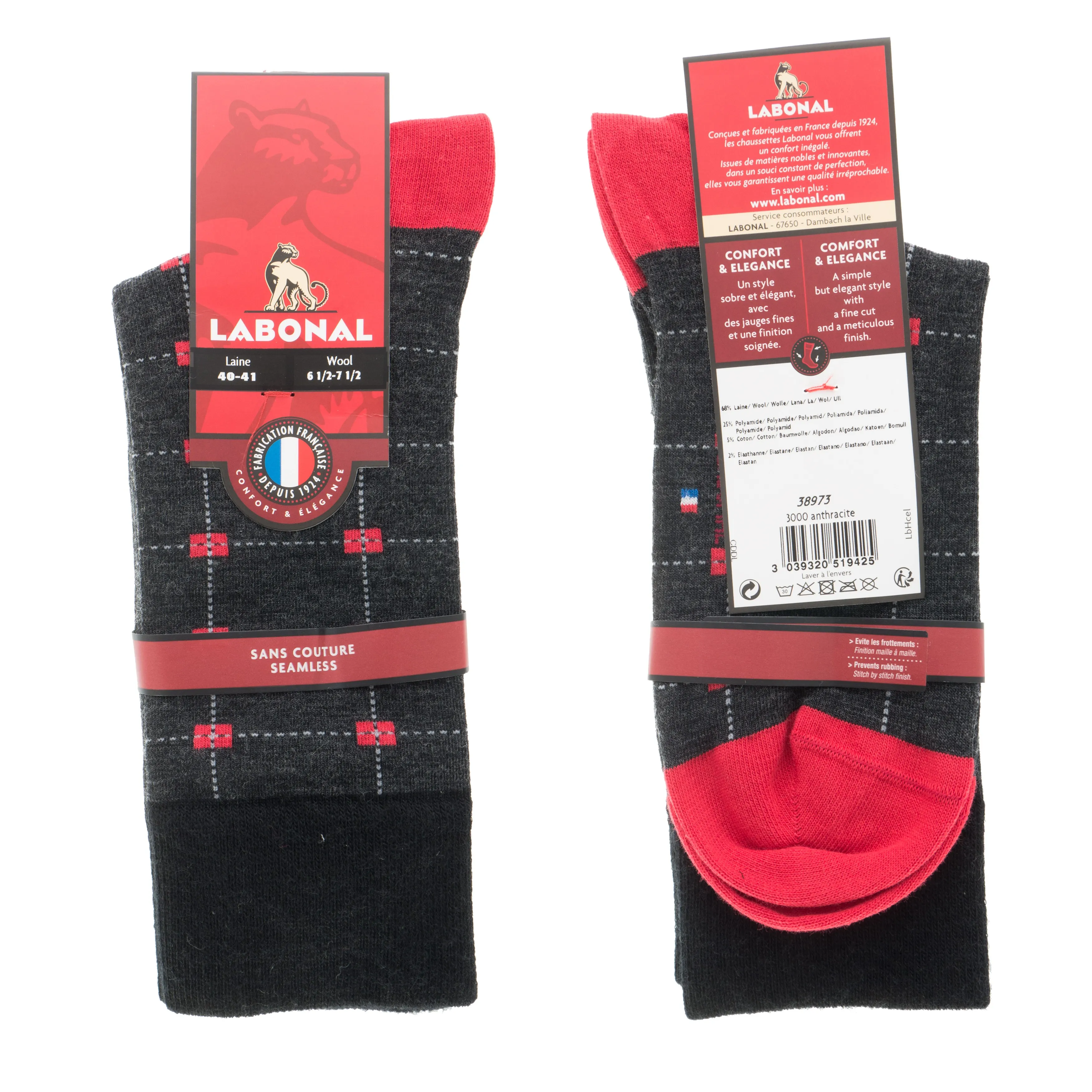 MI-CHAUSSETTES Carrés colorés laine - Sans couture - Anthracite - L...