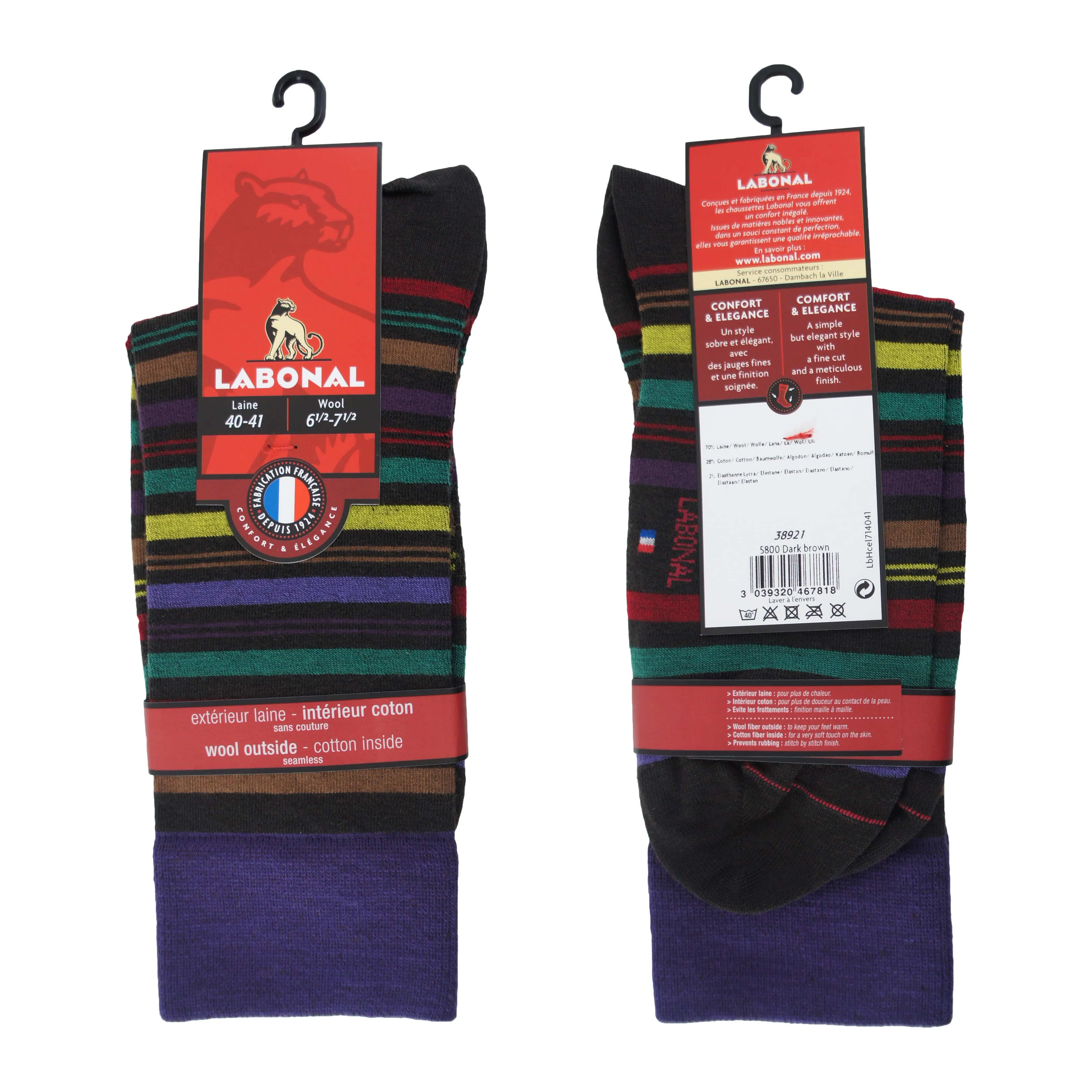 Mi-Chaussettes Laine marron foncé rayées - Labonal : vente chausset...