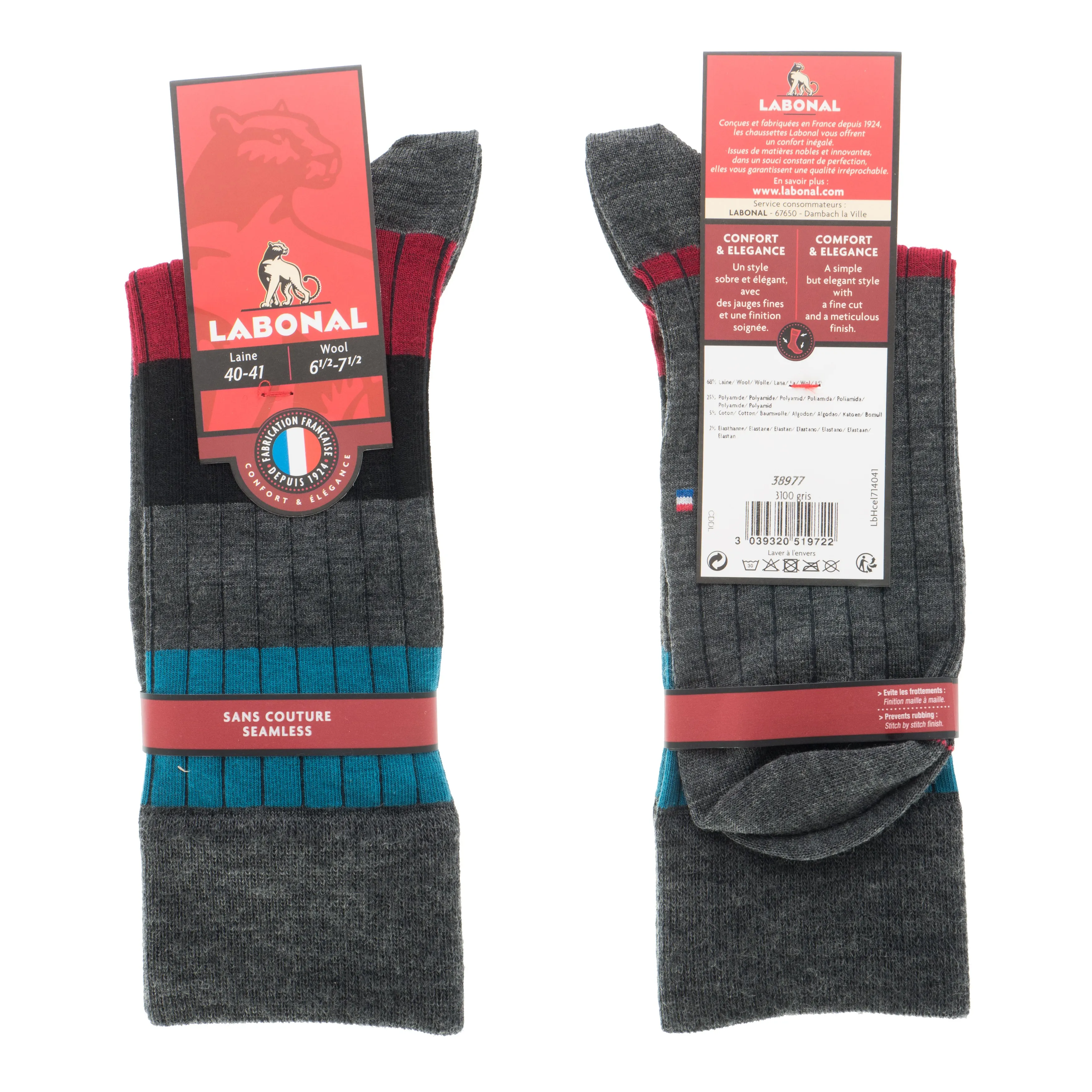 MI-CHAUSSETTES Larges rayures et côtes laine - Sans couture - Gris ...