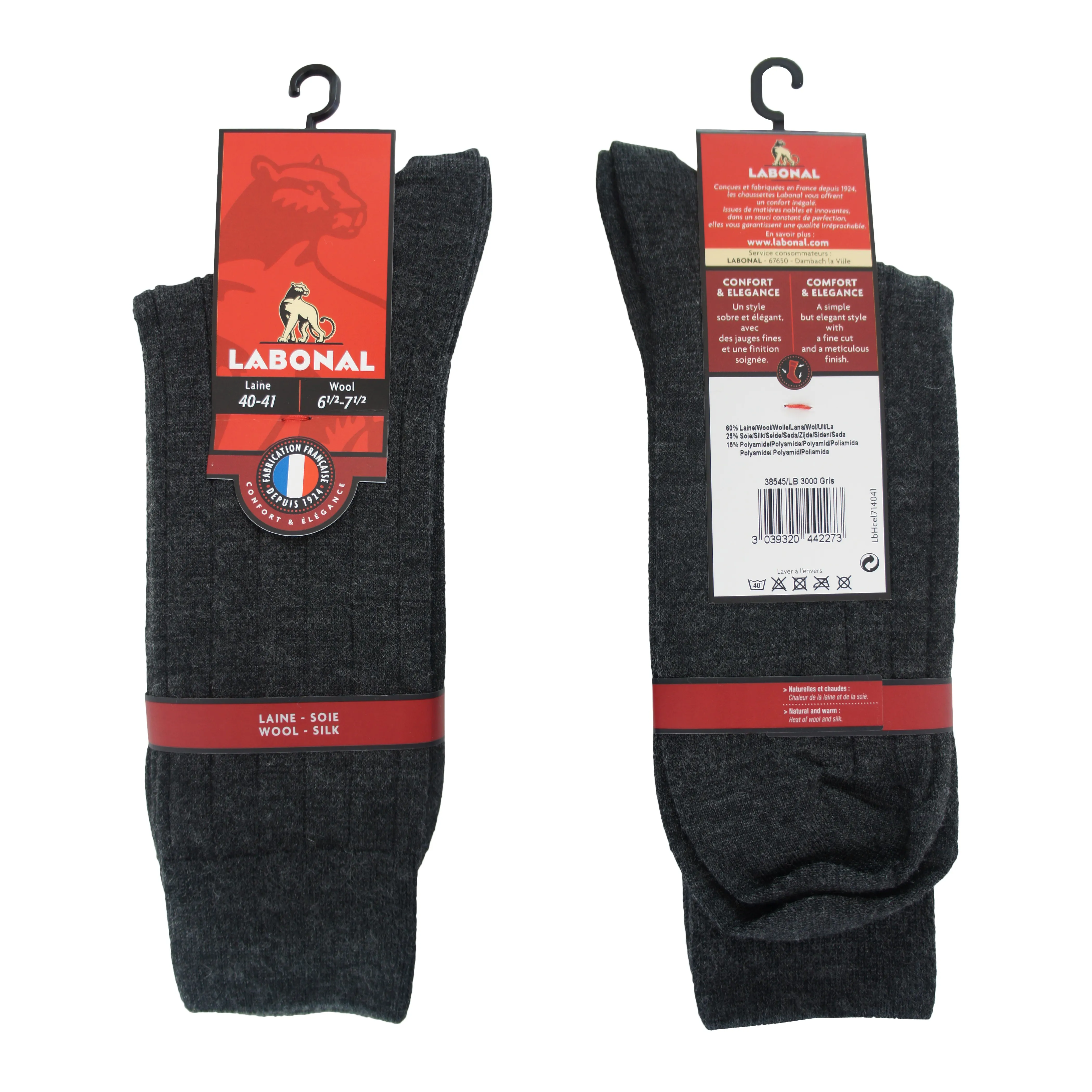 Mi-Chaussettes unies à côtes laine et soie grises - Labonal : vente...