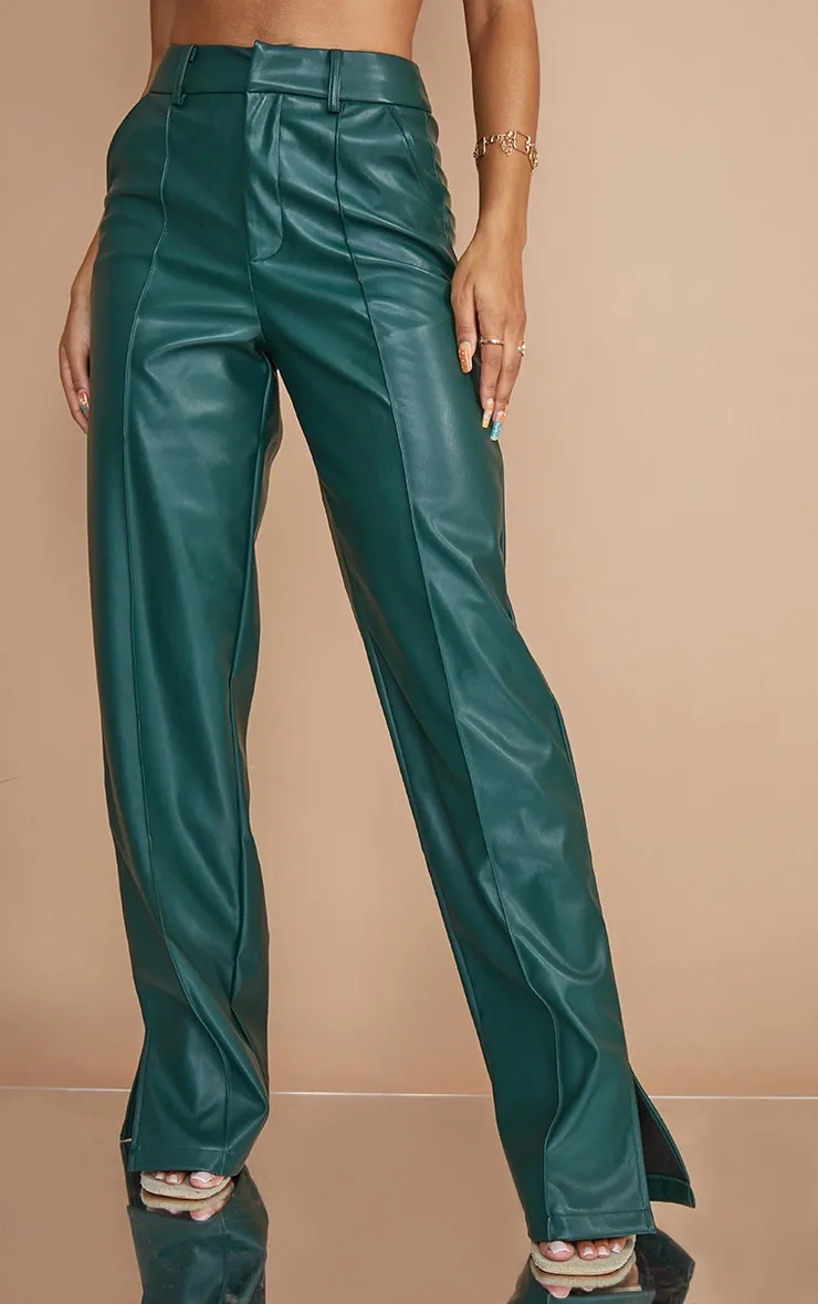 Pantalon droit à pinces en PU vert bouteille