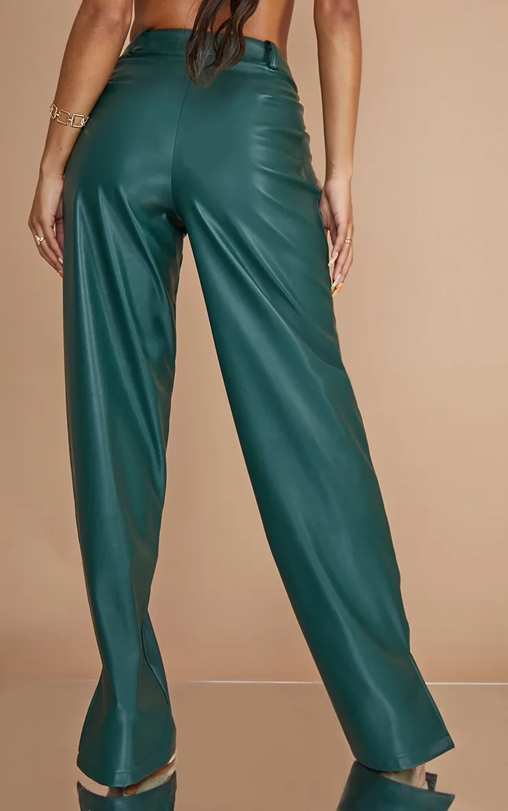 Pantalon droit à pinces en PU vert bouteille