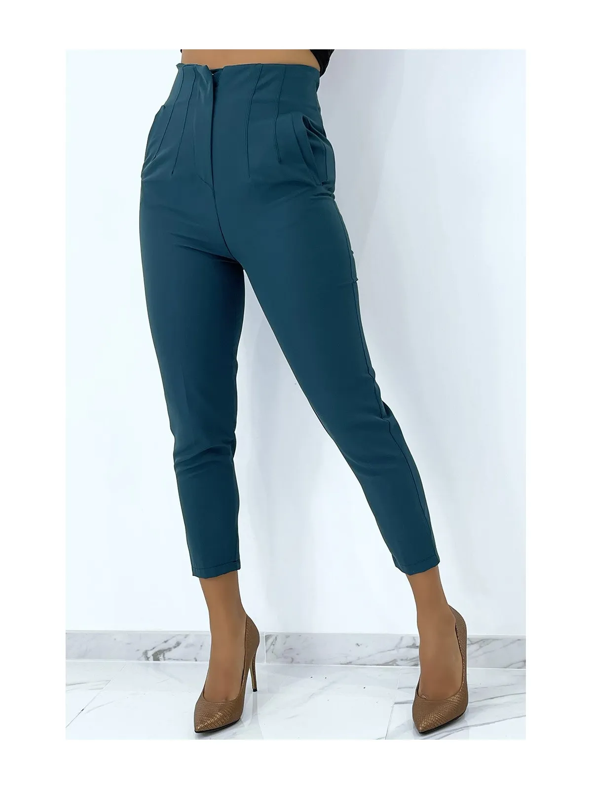 Pantalon à pinces vert style tailleur très chic