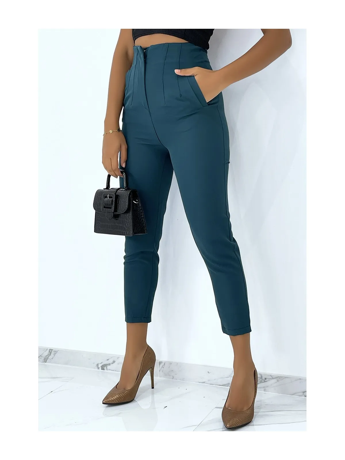 Pantalon à pinces vert style tailleur très chic