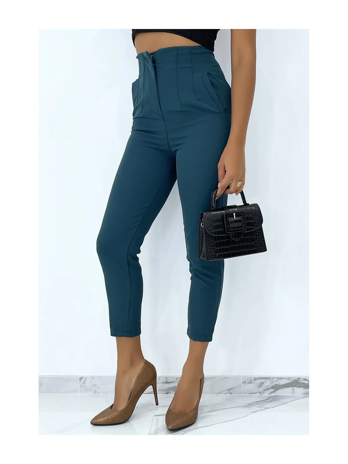 Pantalon à pinces vert style tailleur très chic