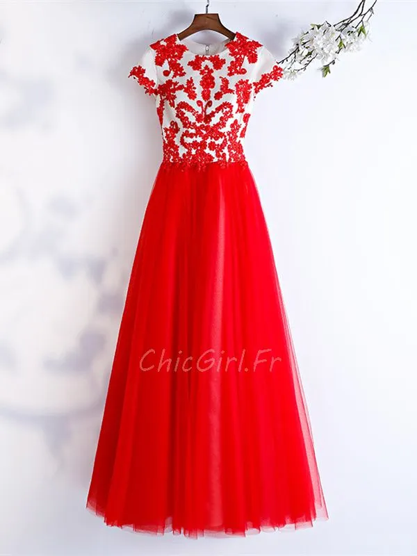 Robe De Bal Ceremonie Longue Rouge Tulle Dentelle Col Rond