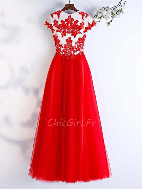 Robe De Bal Ceremonie Longue Rouge Tulle Dentelle Col Rond