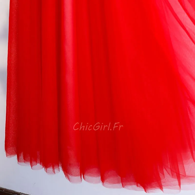 Robe De Bal Ceremonie Longue Rouge Tulle Dentelle Col Rond