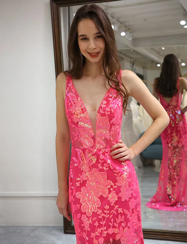 Robe de bal de fin d'année en paillettes fuchsia