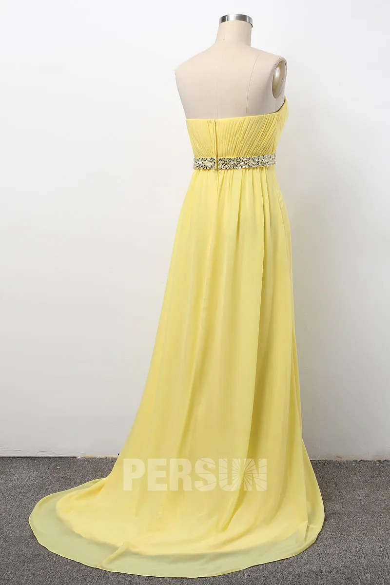 Robe de bal jaune citron bustier coeur avec fente frontale