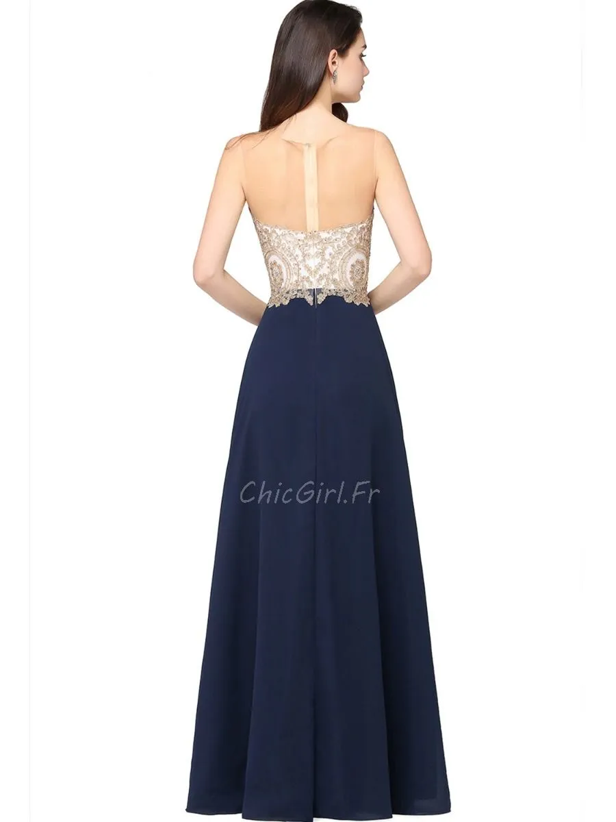 Robe De Soirée Bal De Finissants Longue Fluide Bleu Marine Mousseline Dentelle