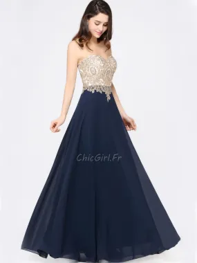 Robe De Soirée Bal De Finissants Longue Fluide Bleu Marine Mousseline Dentelle