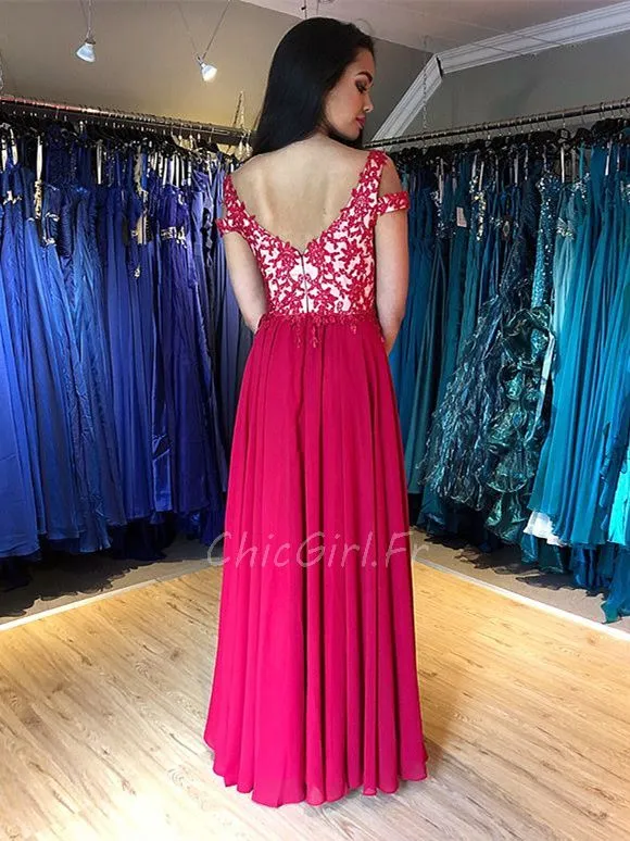 Robe De Soirée Bal Longue Rouge Mousseline Dentelle Décolleté