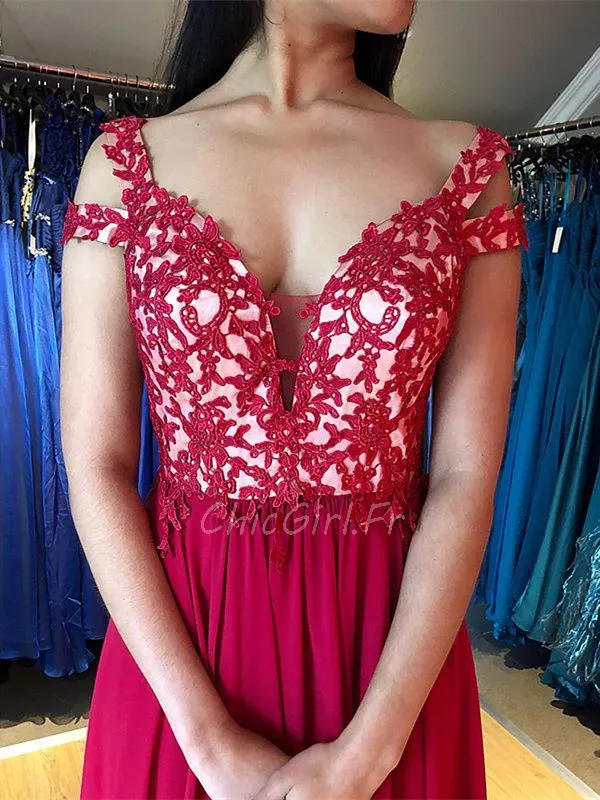 Robe De Soirée Bal Longue Rouge Mousseline Dentelle Décolleté