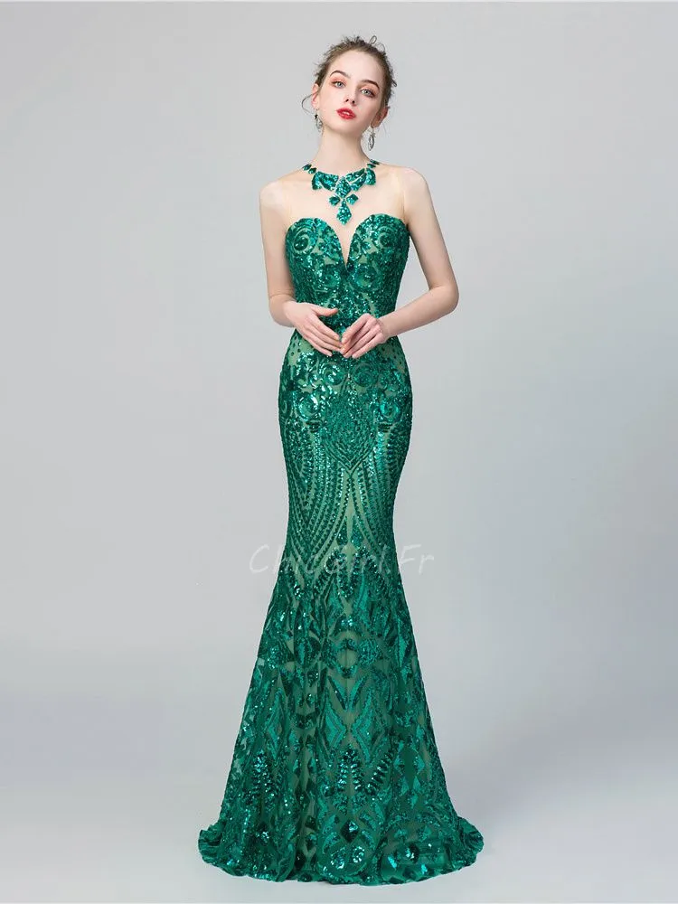 Robe De Soirée Bal Sirène Longue Vert Emeraude Paillette Brillante