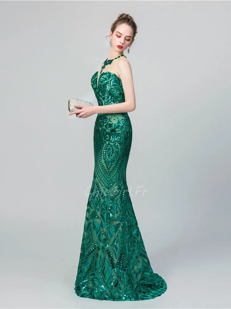 Robe De Soirée Bal Sirène Longue Vert Emeraude Paillette Brillante