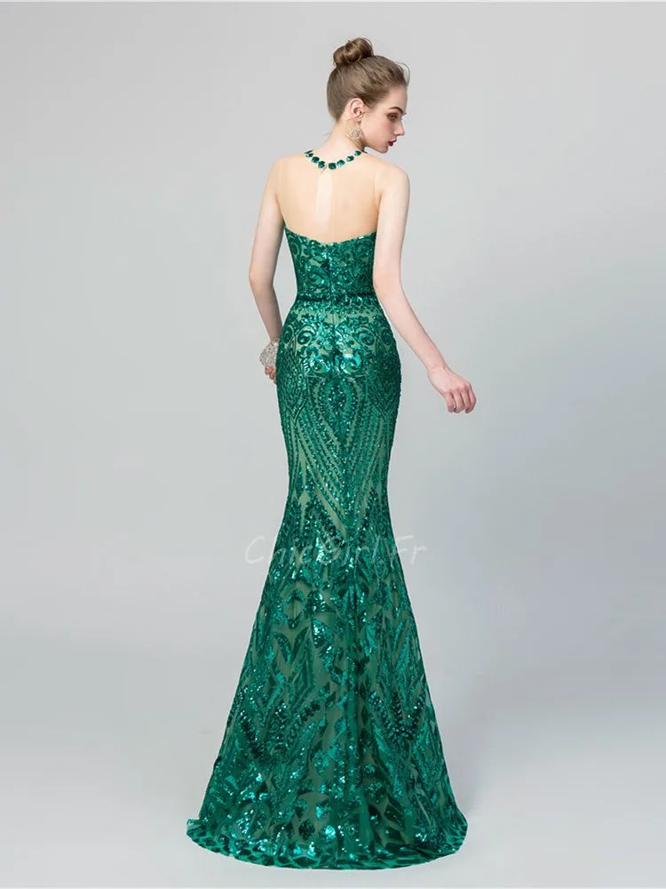 Robe De Soirée Bal Sirène Longue Vert Emeraude Paillette Brillante