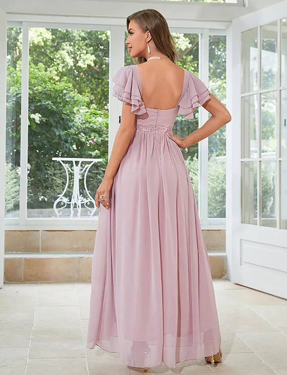 Robe en mousseline de soie rose pâle à col en V profond