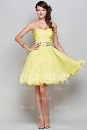 Robe jaune de bal courte bustier coeur jupe bouffante