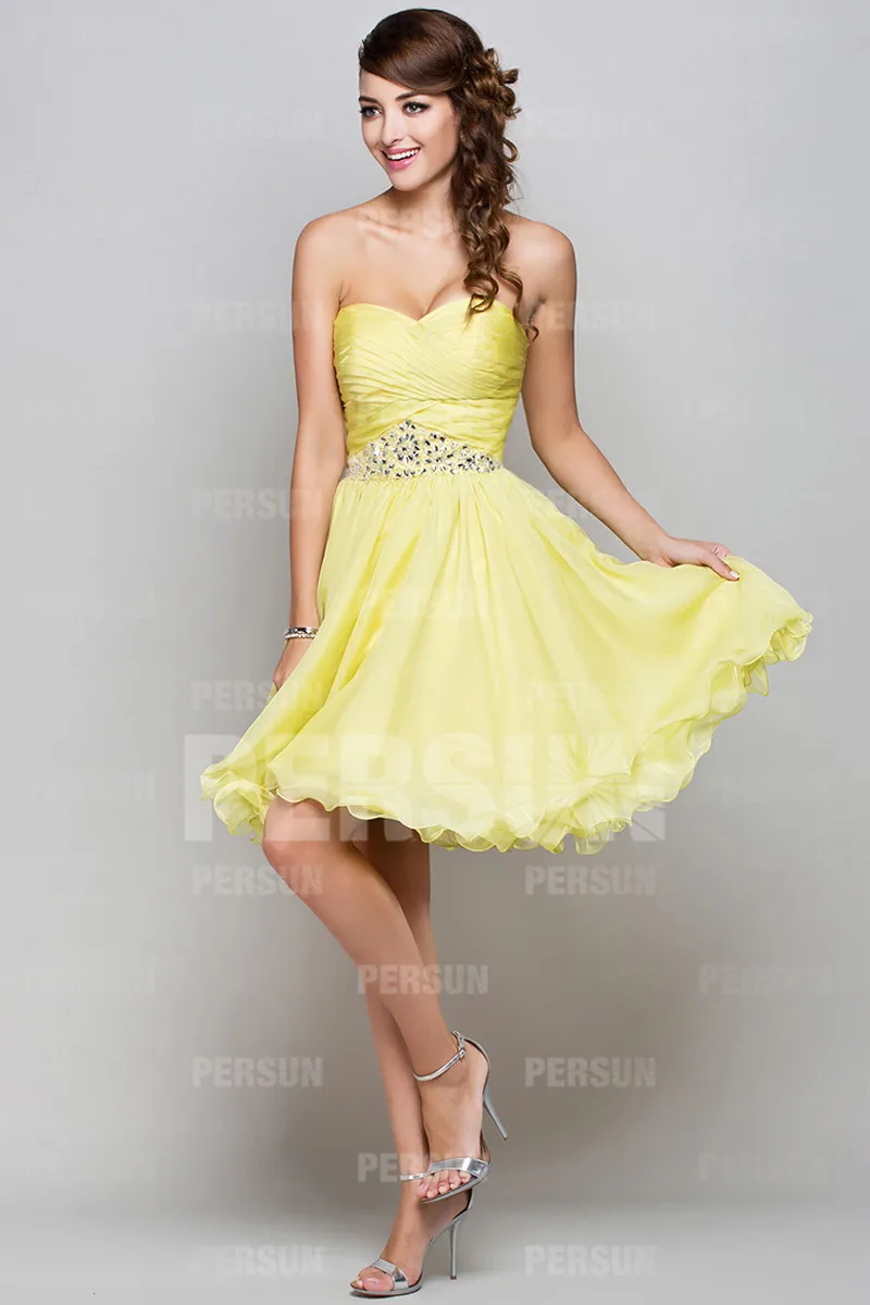 Robe jaune de bal courte bustier coeur jupe bouffante