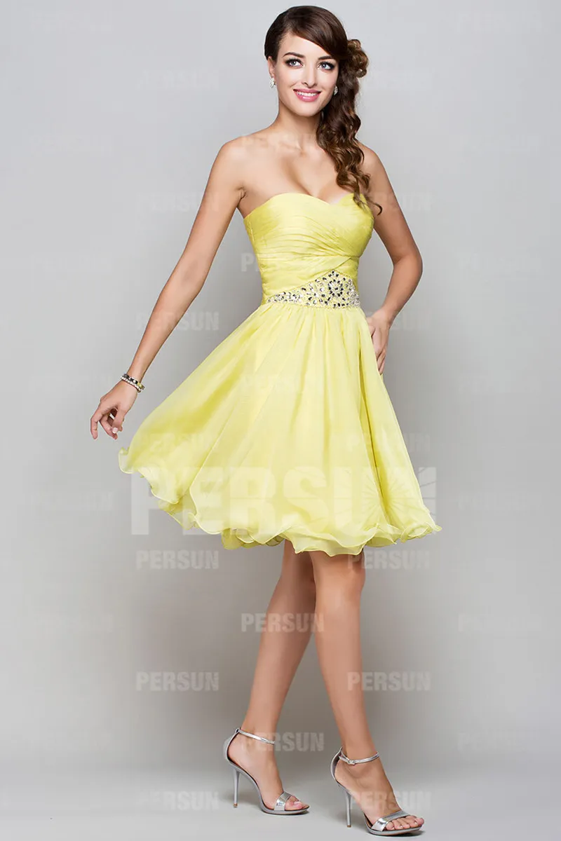 Robe jaune de bal courte bustier coeur jupe bouffante