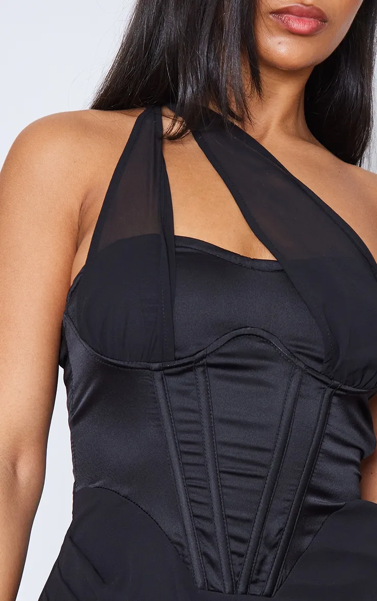 Robe moulante en mesh noir à corset satiné avec armatures et lanières