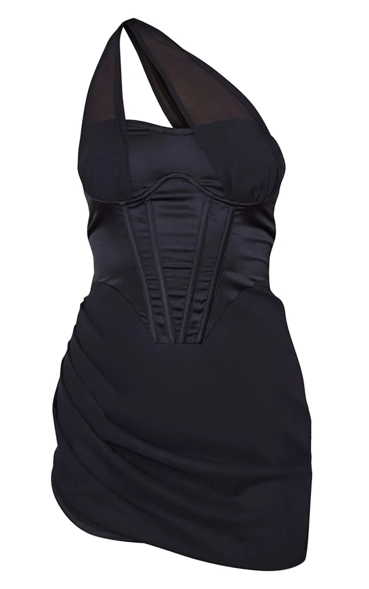 Robe moulante en mesh noir à corset satiné avec armatures et lanières