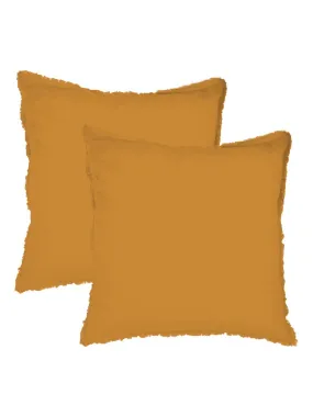 Set de 2 taies d’oreiller unies à franges, COTON LAVÉ - Marron caramel