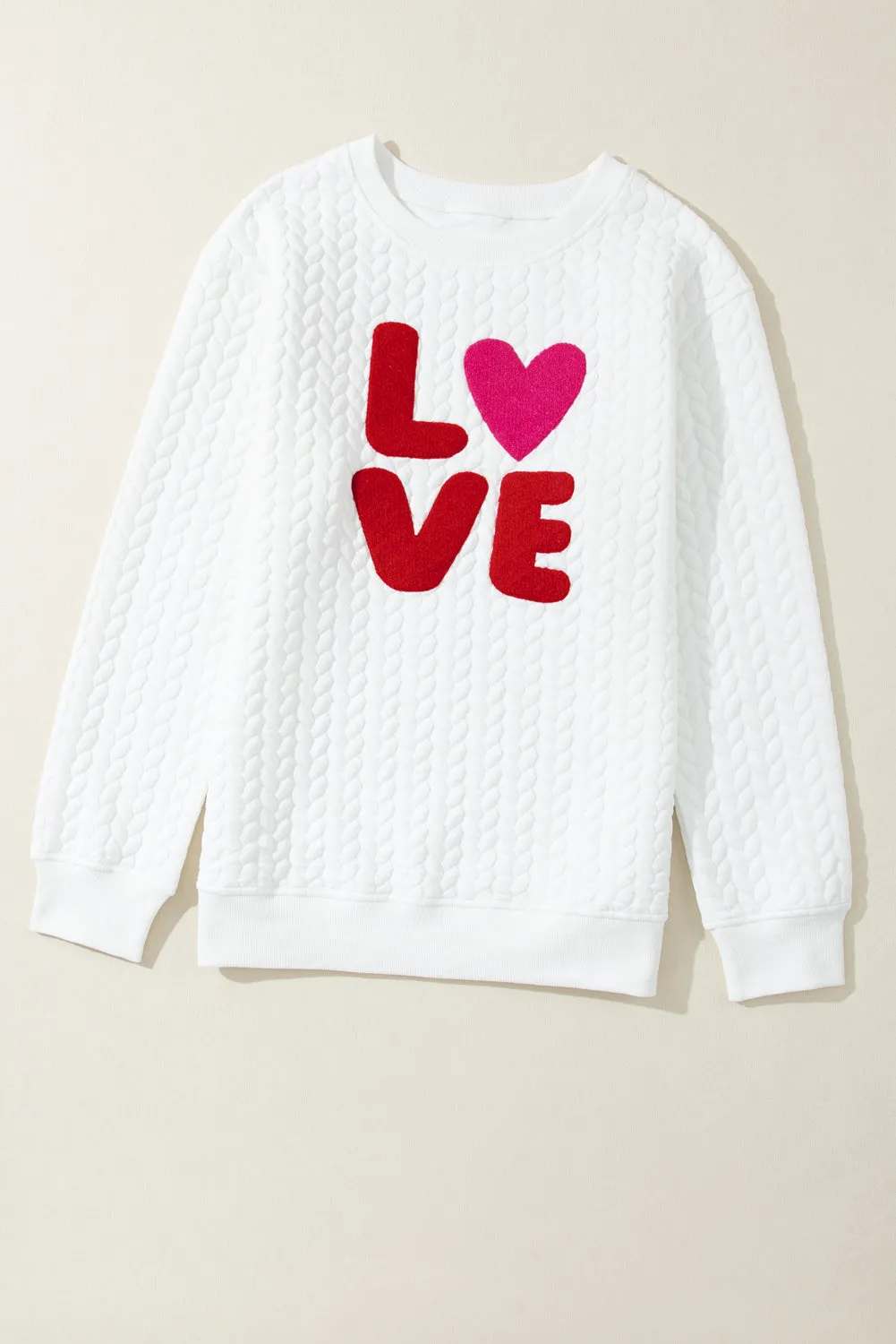 Sweat-shirt blanc en tricot torsadé brodé LOVE Chenille