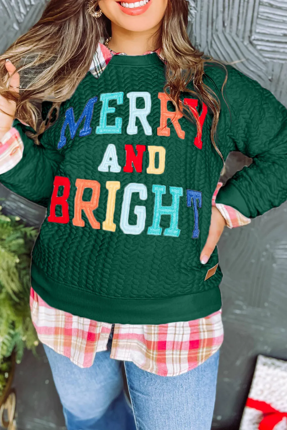 Sweat-shirt en tricot torsadé joyeux et lumineux vert noirtre