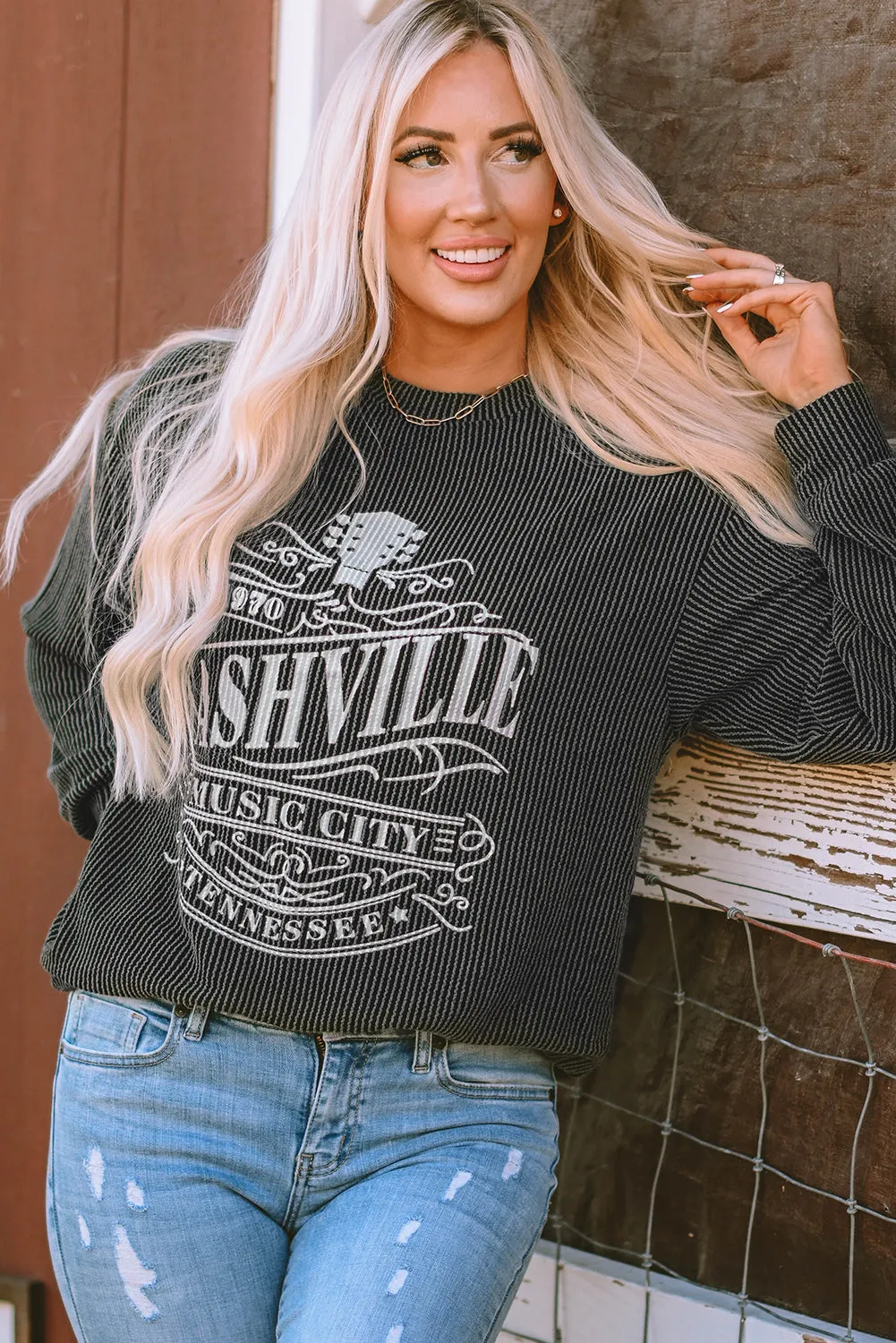 Sweat-shirt graphique noir à cordon NASHVILLE MUSIC CITY