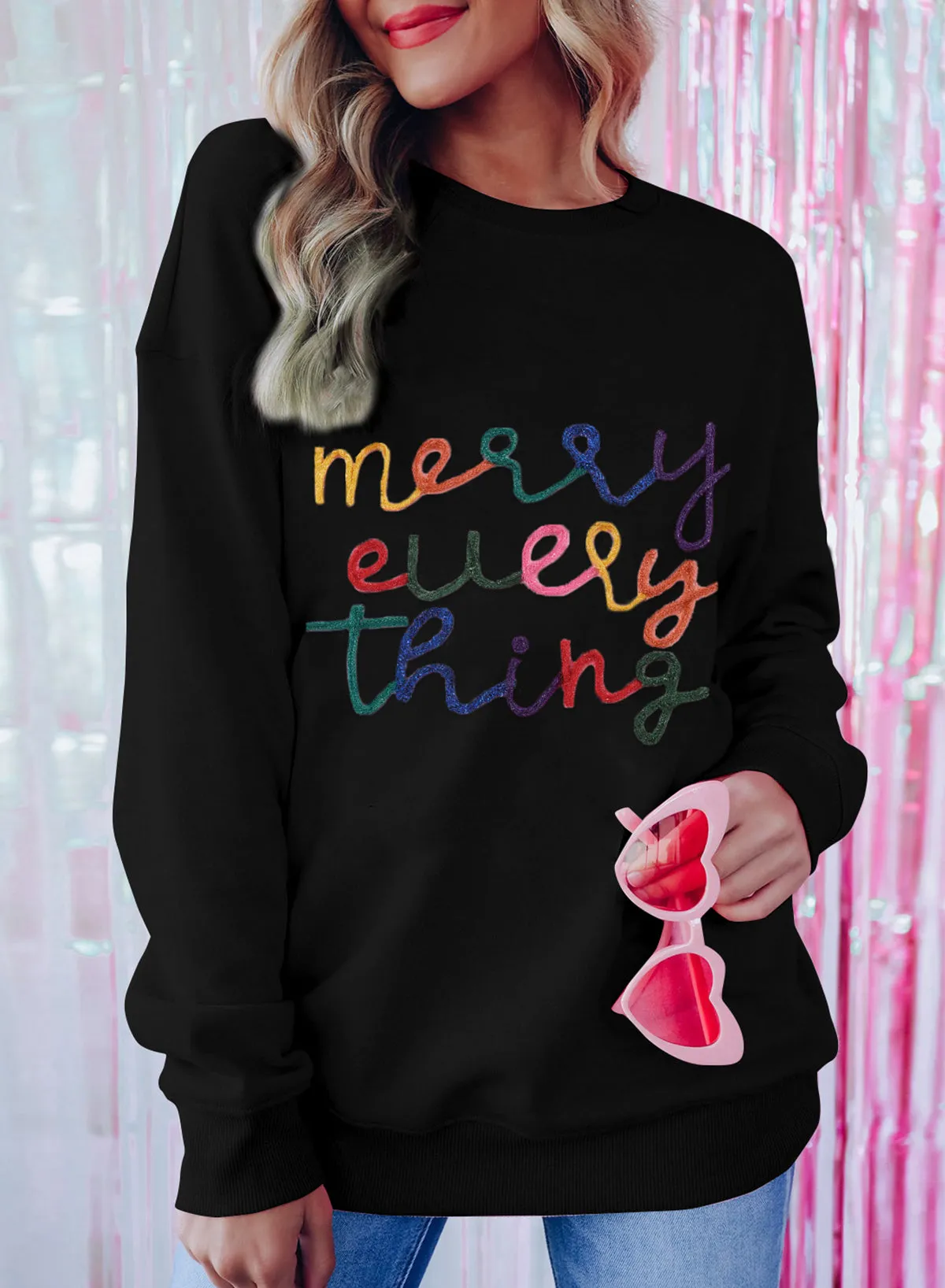 Sweat-shirt noir à slogan  Merry Every Thing Tinsel 