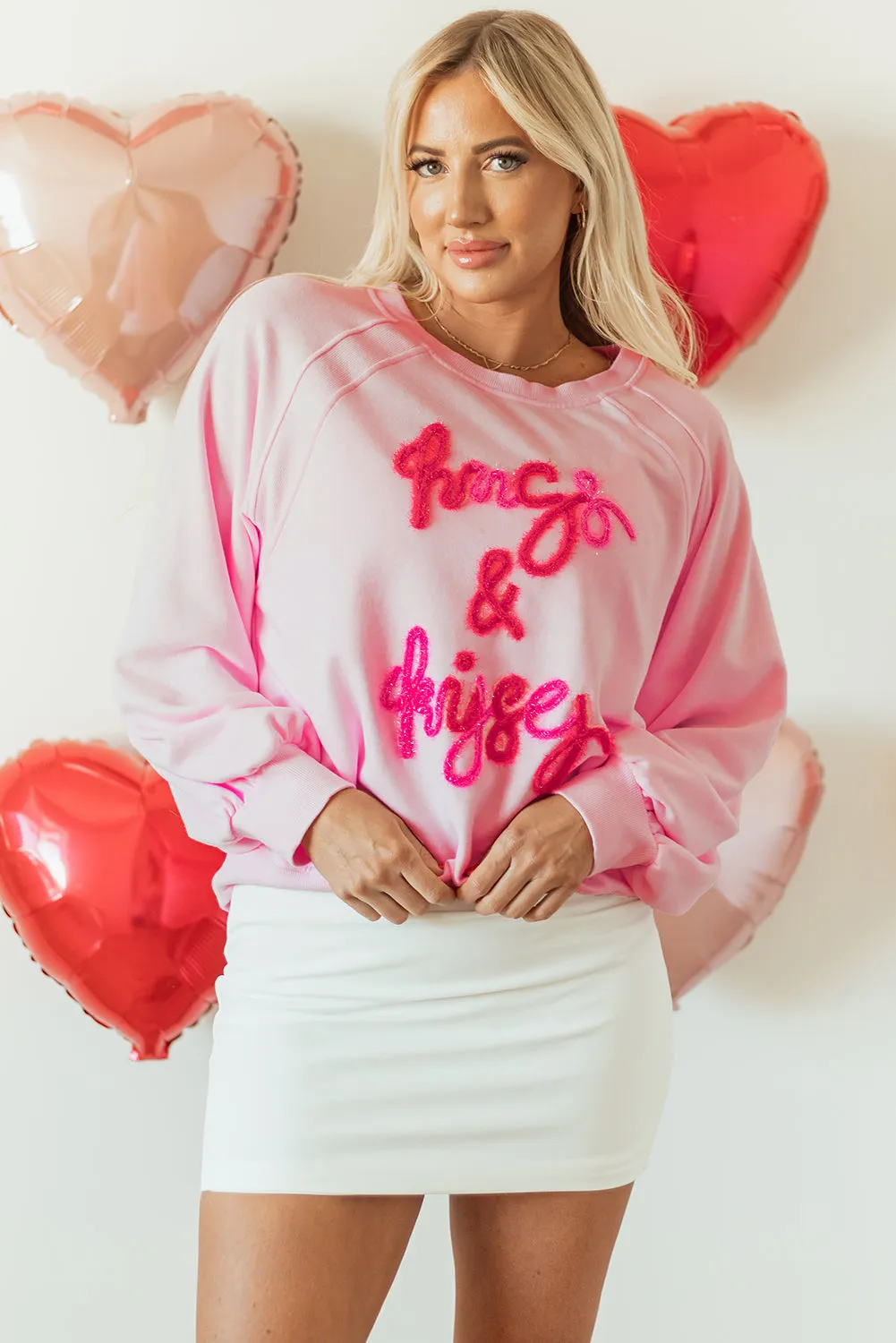 Sweat-shirt rose à manches raglan brodées Hugs and Kisses Pop Up