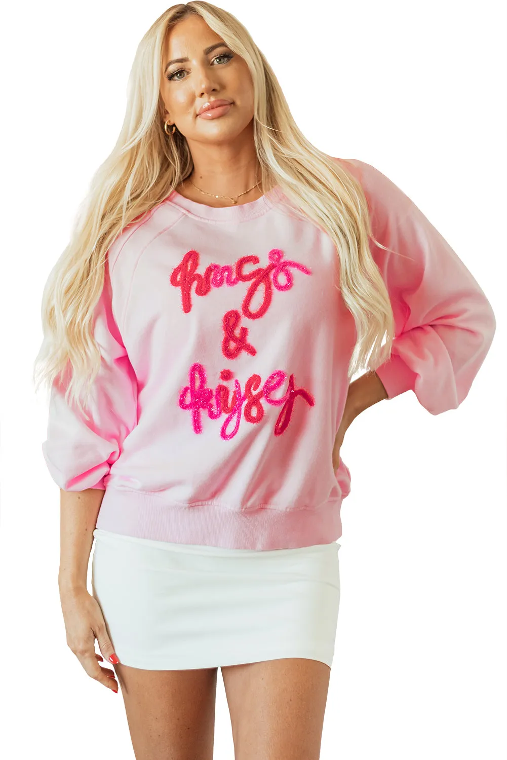 Sweat-shirt rose à manches raglan brodées Hugs and Kisses Pop Up