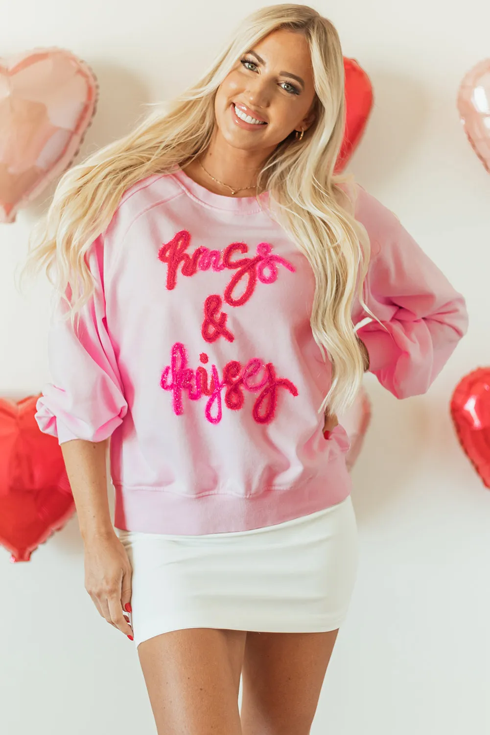 Sweat-shirt rose à manches raglan brodées Hugs and Kisses Pop Up