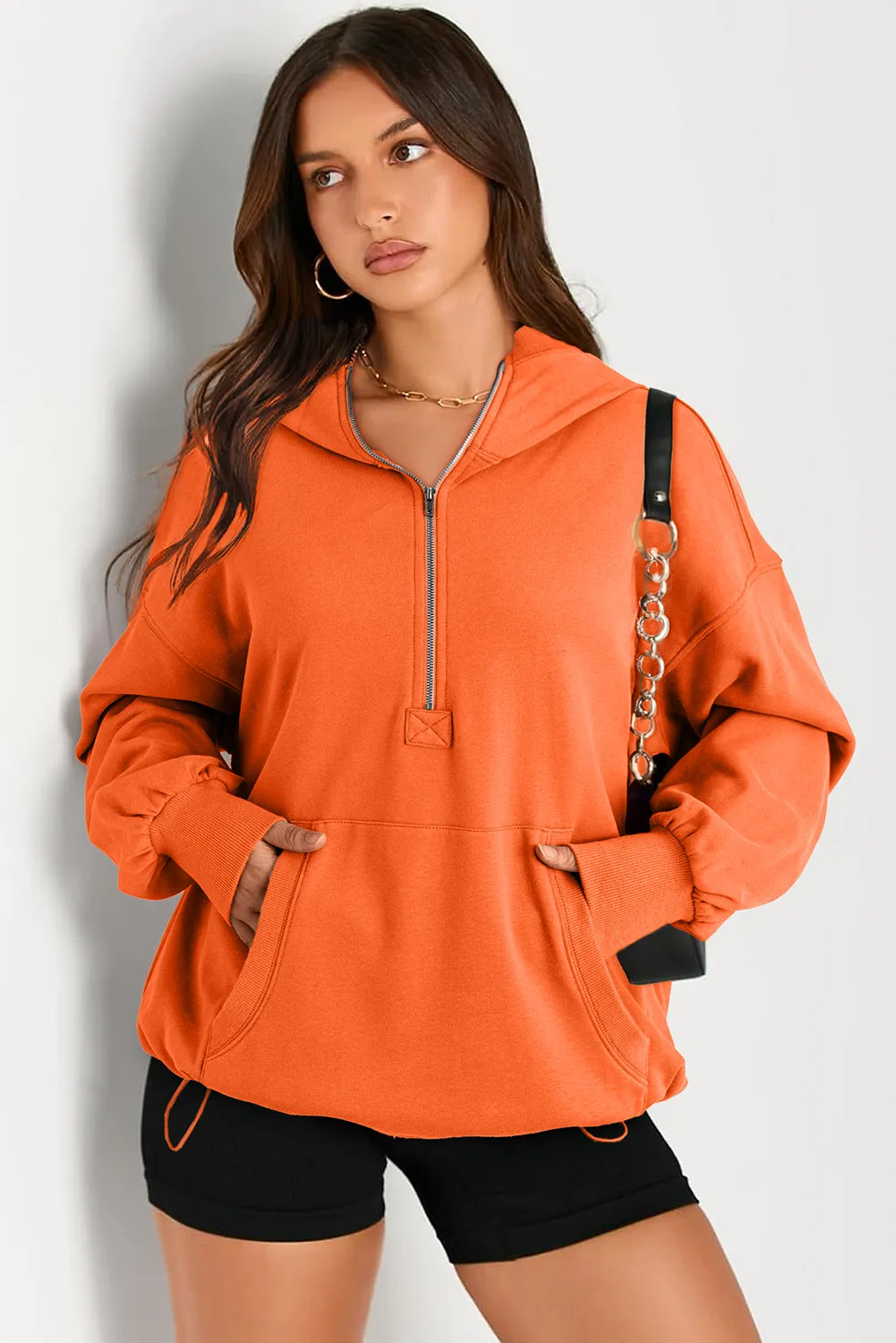 Sweat à capuche surdimensionné orange uni avec poche kangourou et demi-fermeture éclair