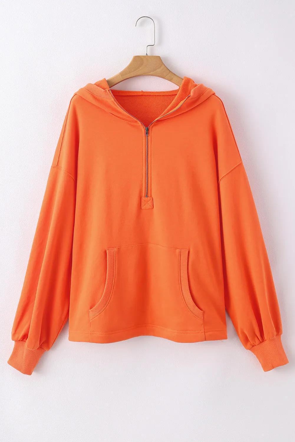 Sweat à capuche surdimensionné orange uni avec poche kangourou et demi-fermeture éclair