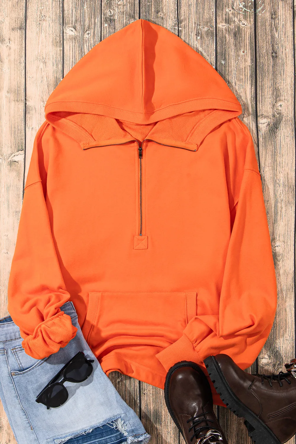 Sweat à capuche surdimensionné orange uni avec poche kangourou et demi-fermeture éclair