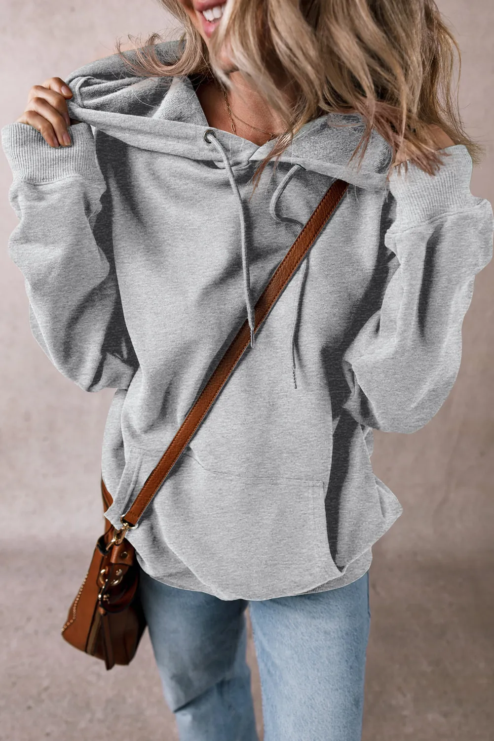 Sweat à capuche épais avec cordon de serrage et poche kangourou doublé en polaire gris clair